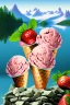 Placeholder: strawberry ice-cream on mountaintop, lake, trees, mystical, Post-painterly abstraction