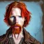 Placeholder: Portrait of Courtney Gains as a ruggedly handsome, joyful, roguish pirate, charismatic, attractive male, masculine, perfect, precisely detailed clear eyes, softly freckled face, unblemished, flawless skin; meticulously detailed multi-hued ginger carrot colored cherry fire red hair; fantasy, intricate, elegant, highly detailed, digital painting, concept art, matte, sharp focus, illustration, art by artgerm and greg rutkowski and alphonse mucha