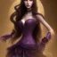 Placeholder: alluring very slim witch of darkness in tight purple wedding dress with very long brown hair and bangs