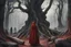 Placeholder: there are many tree trunks, they intertwine each other, a terrible forest, stones, rocks, twisted branches like hands, a dark, creepy place. In the foreground is Dante in a red robe, a girl is hiding in the distance, a man stands proudly, a old hunched woman is nearby.