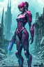 Placeholder: Hyper-realistic full-body 3D surreal digital painting of a female cyber android warrior, elegant armored magenta exoskeleton, crystalline embedded weapon systems, standing in a ruined futuristic city with deep teal sky, cinematic lighting, ultra realistic textures, masterpiece, 8k