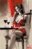 Placeholder: elegant beautiful brown-haired woman in red and black lace lingerie with crossed legs, proudly sitting on a chair, cigarette in her right hand, a glass of red wine on a table next to her, her lips are red, surrealist, smooth, pop, accentuate, faded glow, morning, bright, fine art, push, structure, silhouette, pencil sketch by Jean Cocteau fantasy high definition crisp quality in sunshine