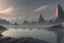 Placeholder: mist, rocks, lagoon reflection, clouds, distant city, person, sci-fi, epic