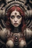 Placeholder: Closeup Girl siren with big eyes, fullbody, dieselpunk, valves rising from the ground, the perspective looking up from the bottom of an empty well , 8k, macro photography by <John Kenn Mortensen>, darkred tones,