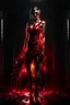 Placeholder: 12k ultra-high-definition rendering of a zombie model in a photo studio ,The zombie, adorned in a red ripped tight dress, ripped sideways from top to bottom, long slit, shoes are fashionable platforms, big gun on side thigh, exudes a sinister aura under the studio's dark and mysterious lighting