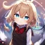 Placeholder: Clear focus, High resolution, rough line, half chibi, cute, cartoon, short blonde hair, hair between eyes, fluffy hair, blue eyes, wearing a sailor uniform, wearing a brown vest, long locks, 1girl, red bow, fluffy bangs, ahoge