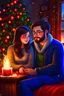 Placeholder: Fire place Christmas scene, dark haired couple, man with short black beard and glasses, woman with long hair, blue eyes, young couple, graphic