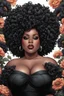 Placeholder: Create an comic drawing image of a plus size black female wearing a black off the shoulder blouse and she is looking down with Prominent makeup. Highly detailed tightly curly black afro. Background of large black flowers surrounding her