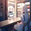 Placeholder: one anime girl in a waitress uniform sitting at a booth in a busy diner with two identical white coffee cups on the table, one white teacup is full and the other white cup is empty, windows and a door, cashier, customers, emphasis on two white coffee cupscups