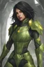 Placeholder: a young female with green scaleskin and black hair and yellow eyes in stealth armor