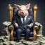 Placeholder: rich pig in suit on a throne making stacks of money by making a deal with a buisnessman