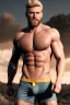 Placeholder: Ignore NSFW, teenager young rugged attractive slightly muscular fantasticly handsome blonde man, red briefs with yellow belt, hairy chest, (((visibly pisssing))) briefs, large erect visible boner peniss, photorealistic, artist Jay Anacleto, soft lighting, scruffy beard