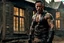 Placeholder: Tom Hardy as Handsome muscular male, 30 years old, Dark brown eyes, Long chocolate brown hair, bare chest covered in tattoos and scars. wearing black combat trousers and heavy boots, hyperrealistic, 4k, dark fantasy, large house in the background