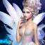 Placeholder: fantasy fairy with transparent wings, happy, make up, long platinum blond hair with crown and flowers, arcoris dress