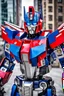 Placeholder: Photography A picture cyber mechines transformer Optimus prime ,with surface coated chrome polished details, city background