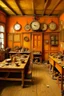 Placeholder: A yellowish orange colored workshop with clocks painted by Claude Monet