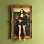 Placeholder: A painting of Mona Lisa on the wall, the frame with shorts and Crocs attached to her human legs