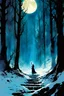 Placeholder: create a wildly conceptual illustration of sorceress coven gathering in an ethereal, otherworldly , darkened, ancient winter forest , in the comic book art style of Bill Sienkiewicz, Mike Mignola, Sparth, and Jean Giraud Moebius, finely drawn, colored and inked, suffused with dramatic natural light and shadow under a midnight blue moon
