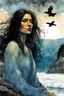 Placeholder: create an ink wash and watercolor print illustration of a raven haired female Salish shaman with finely detailed hair and feminine facial features, along the rocky shore of Vancouver Island , in the comic book art style of Bill Sienkiewicz, Mike Mignola, and Jean Giraud Moebius, finely textured, drawn, colored, and inked, suffused with the dramatic natural light of dawn