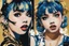 Placeholder: Poster in two gradually, a one side the Singer Danish MØ face and other side the Singer Melanie Martinez face,, painting by Yoji Shinkawa, darkblue and gold tones,