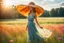 Placeholder: A young woman, elegantly adorned in a large summer hat and a flowing dress that matches the vibrant hues of the surrounding meadow, stands confidently in the center of a vast field. Her eyes are closed, a gentle smile playing on her lips as she feels the warm embrace of the sunshine and the tender kiss of a soft summer breeze. The meadow is a canvas of harmony, painted with a dazzling array of wildflowers that dance and sway in the little wind. The blue sky