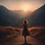 Placeholder: dark night, watching a woman from behind wearing a sleeveless dress, arms up in the air, who is walking towards a beautiful orange sunrise in the distance, mountains and forests around, photo quality