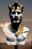 Placeholder: Realistic image, Roman sculpture made in white marble with gold veins, Lionel messi with gold laurel leaves crown, decorative star on the chest, waist up portrait, marble material, gold ornaments, Baroque style, sun rays background, epic, celestial, cinematic lighting, God lights, 4k resolution, smooth details, soft lighting, unreal engine 5, art station, substance 3d.