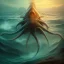 Placeholder: sea creature from the past, book cover, fantasy art, sandy beach, water, reflection, misty, detailed