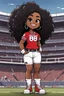 Placeholder: A sassy thick-lined comic book art cartoon image of a black chibi girl standing in front of a football stadium. She is wearing a Georgia Bulldogs football jersey with tight white jeans and timberland boots. behind her curvy body. Looking up coyly, she grins widely, showing sharp teeth. Her poofy hair forms a mane framing her confident, regal expression. Prominent makeup with hazel eyes. Hair is highly detailed.