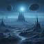 Placeholder: dark frozen alien landscape. some tiny, spiky blue evil alien creatures. spacecraft in the distance. planet in the distance. some mist