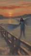 Placeholder: portrait with transparent angel wings like a butterfly on a bridge at sunset, a more intense "scream" mask from the horror movie, that looks like the original painting by Edvard Munch, bokeh like, down-light, unreal engine, prize winning