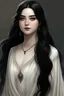 Placeholder: a 16 year old woman, white skin, long wawy black hair, beautiful round face, black eyes, round body, in a white dress, realistic epic fantasy style