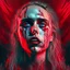 Placeholder: Singer Danish MØ face, blood, futuristic, iridescent, guts, wildflower, cosmic, intricate, darkred tones,