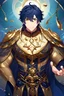 Placeholder: young male , average build, messy dark blue hair, gold eyes, working out