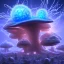 Placeholder: Spherical Frost metal magic armoured lightning Mycelium giant blob MUSHROOM flower erupting with BLUE FLAMES stars lANDSCAPE