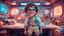 Placeholder: one realistic smiling but tired looking 3D cartoon CGI geeky child with oversized glasses staring directly into the camera, standing centre of room, next to desk in 70's galactic spaceship interior messy arts bedroom and neon lights