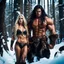 Placeholder: Giant muscular male mountain man with long dark hair with a petit female with long blonde hair, dark fantasy, snowy forest