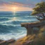 Placeholder: Cliffs overlooking the seaside, dynamic waves crashing, rustic wooden fence lining the cliff edge, expansive ocean view with a distant horizon, sky painted with the colors of dawn, a solitary tree standing prominently with thick, twisting branches, a weathered swing gently swaying, an innocent child with ringlet hair and sparkling gray eyes, dressed in a flowing white homespun dress adorned with little white flowers, wild blooms scattered around, a charming woven rope swing hanging from a sturdy