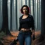 Placeholder: In a medieval scene reminiscent of Ash Williams in "The Evil Dead," Tulip O'Hare found herself standing in a dark and foreboding forest, the ancient trees casting eerie shadows around her. Clad in dark jeans and a simple t-shirt, she gripped a weapon that seemed out of place in this ancient setting - a modern-day firearm, a stark contrast to the swords and shields of the time. Yet, there was a fierce determination in her eyes, a fire that burned bright despite the medieval backdrop.