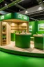 Placeholder: Corner green exhibition stand of a food company with product displays and a meeting area