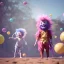 Placeholder: Ultra realistic circus scene. Sweet hair monster and Child’s playing, smile, happy, color bubbles, smooth color, waist up view, Wes Anderson style, dark ambient, highly detailed, concept art, unreal engine 5, god rays, ray tracing, RTX, lumen lighting, ultra detail, volumetric lighting, 3d, finely drawn, high definition, high resolution.