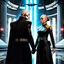 Placeholder: a bold and heroic bald male Corellian pilot in black and metallic grey First Order special forces gear meets a female Jedi Master in ancient, mystical temple, hyperdetailed, dynamic lighting, hyperdetailed background, 8k resolution, volumetric lighting, light skin, fully symmetric details