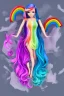 Placeholder: isometric clean art of super beautiful lady, soft lighting, soft pastel gradients, military insignia tattoo on left breast high definition, blender 3d, beautiful, long hair, rainbow hair, rainbow dress, slitted eyes, pointed ears