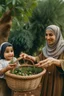 Placeholder: A mother wearing a hijab picks olives from the tree, and a son holds the basket sideways and is happy