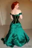 Placeholder: Busty princess with long auburn hair green eyes wearing a big dark teal green and gold satin ballgown corset off shoulder top at night