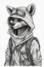 Placeholder: full body of an anthro raccoon thief, hooded, backpack, post-apocalyptic, sketch, blank background