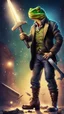 Placeholder: postcard portrait of bard post man sexy lizard smith man with old boots , sledge hammer banging glowing sword, in spotlight, magazine cover illustration with spray paint, signed, bokeh like, down-light, unreal engine, prize winning