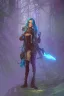 Placeholder: standing steampunk elf with blue hair in a neon dystopian forest