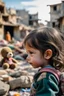 Placeholder: side view to palestinian little girl looking at face to face her toy with tears and Destroyed buildings in the background