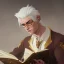 Placeholder: full body shot of calm elf with white hair in brown suit reading a pompous book, fantasy character